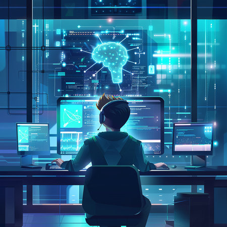 Back view of young man sitting at desk and looking at computer monitors with glowing lightbulb on screen.の素材