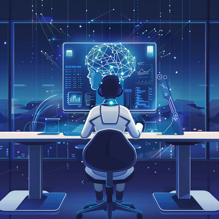 Cyborg sitting at table in front of artificial intelligence interface. Artificial intelligence concept. Vector illustrationの素材