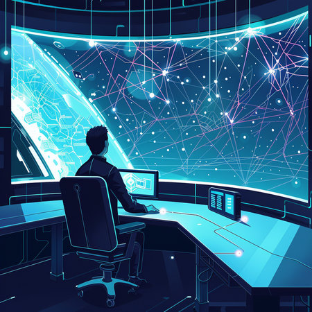 Vector illustration of a man sitting at the table in front of the computer monitor.の素材
