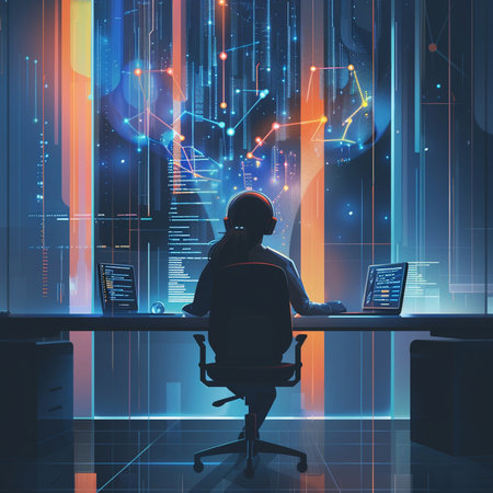 Rear view of a man sitting at a desk in a modern office with a laptop. The concept of cyber security. Double exposureの素材