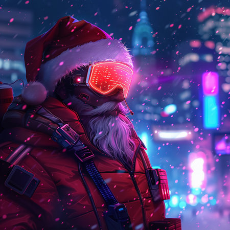 Santa Claus in the city at night with snowflakes. 3D illustrations.の素材