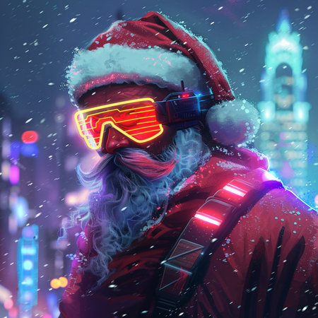 Santa Claus wearing virtual reality goggles on the background of the night city.の素材