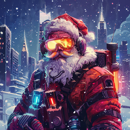 Santa Claus on the background of the night city. Vector illustration.の素材