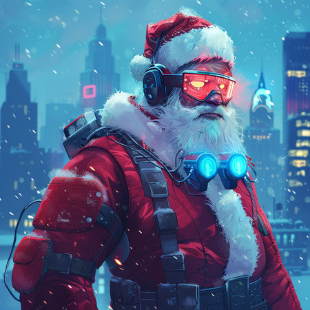 Santa Claus in a red suit with a beard and glasses on the background of the night city.の素材