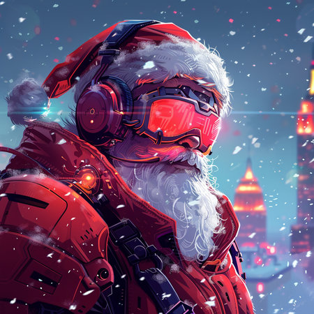 Santa Claus with headphones on the background of the city. Vector illustration.の素材