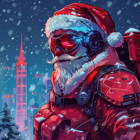 Santa Claus in a suit of aviator with goggles and helmet on the background of the city.の素材
