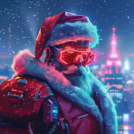 Santa Claus with red backpack and headphones on the background of the night city.の素材