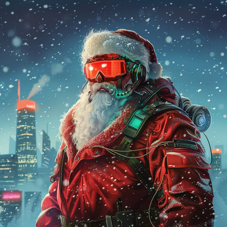 Santa Claus in red jacket, helmet and goggles. He is standing on the background of the city.の素材