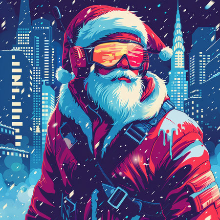 Santa Claus in red winter jacket with headphones and glasses. Vector illustration.の素材