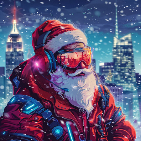 Santa Claus in red jacket and helmet with snow on the background of New York City.の素材