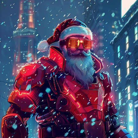 Santa Claus in a red suit and sunglasses against the backdrop of the night city.の素材