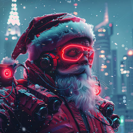 Portrait of Santa Claus in red suit and headphones on the background of the night city.の素材