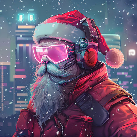 Santa Claus in a red jacket with a beard and glasses of virtual reality on a background of the night city.の素材