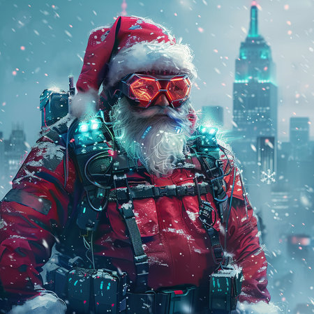 Portrait of Santa Claus in a red jacket and glasses against a snowy city backgroundの素材