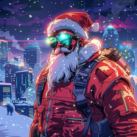 Santa Claus on the background of the night city. Vector illustration.の素材