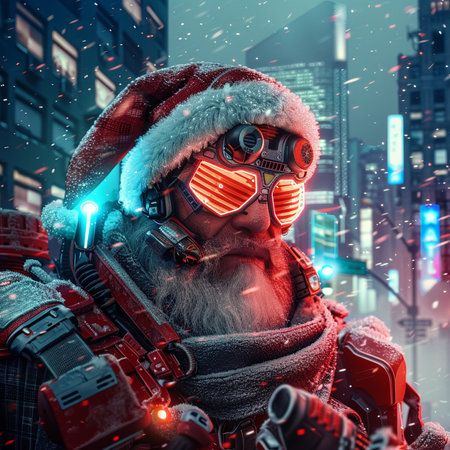 Santa Claus in a red helmet and glasses on the background of the night city.の素材