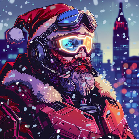 Santa Claus in a helmet and glasses on the background of the city.の素材