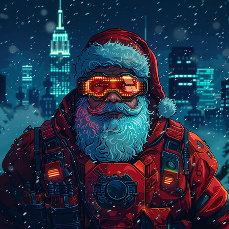 Santa Claus in red suit and glasses on a background of night city.の素材