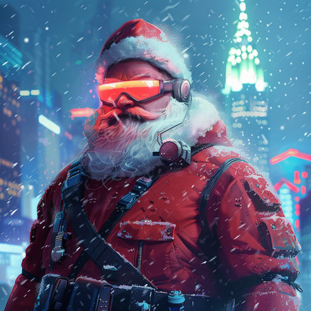 Santa Claus in red jacket, goggles and helmet on the background of night city.の素材