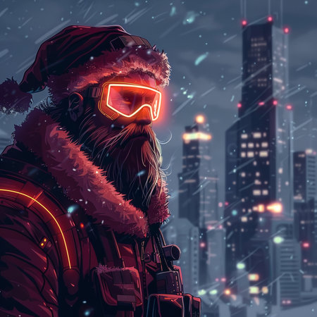 Portrait of a bearded man in a winter hat with a red backpack and a ski mask on his face against the background of the night city.の素材