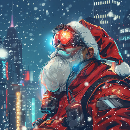 Santa Claus in red suit and helmet on the background of the city.の素材
