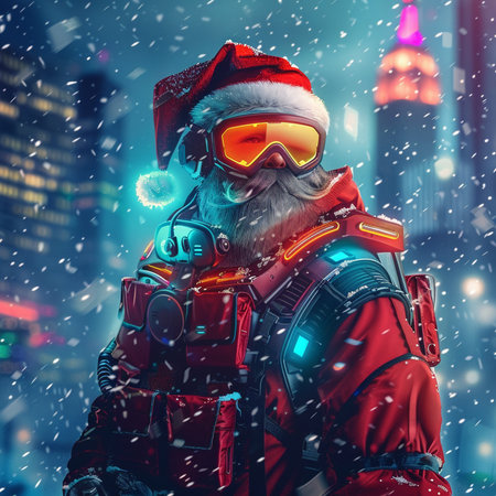 Portrait of Santa Claus in red costume on the background of night city.の素材