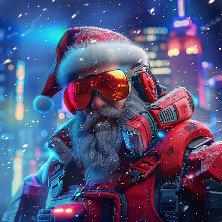Santa Claus in red suit with snow on the background of night city.の素材