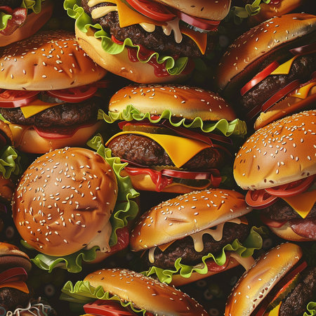Seamless pattern of hamburgers with beef, cheese, tomato and lettuce. Top view.の素材