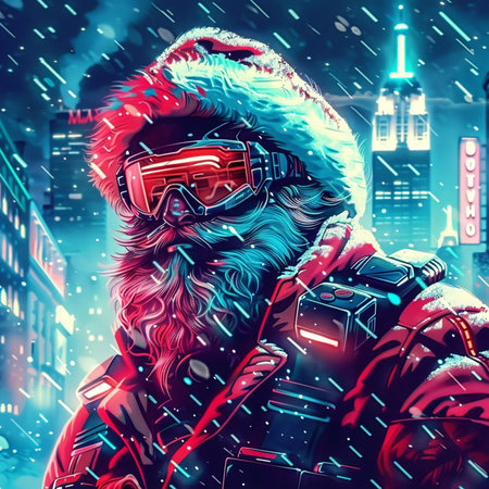 Santa Claus in a red suit and glasses on the background of the night city.の素材