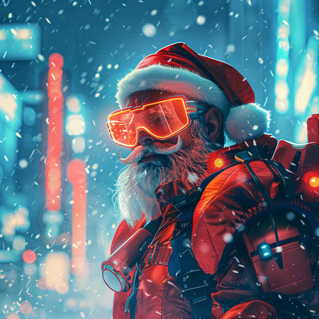 Santa Claus with a bear in a red jacket and glasses on a background of night city.の素材