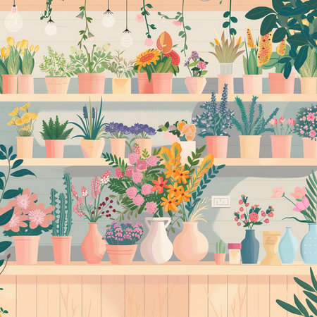 Flower shop interior. Vector illustration in flat style. Seamless pattern.の素材