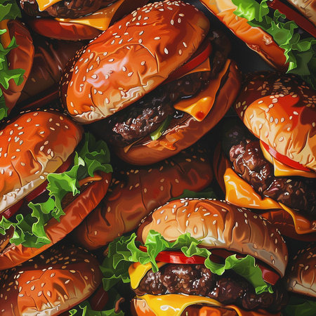 Seamless pattern with tasty hamburgers on dark background.の素材