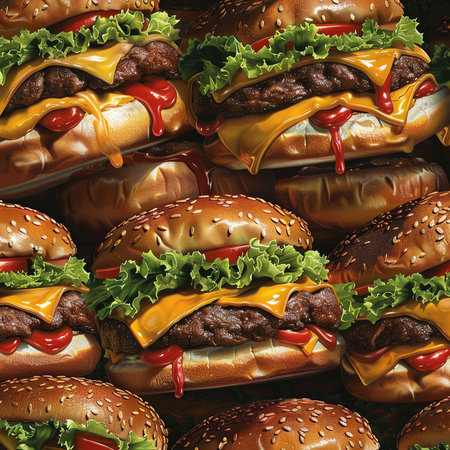 Seamless pattern with delicious cheeseburgers and ketchupの素材