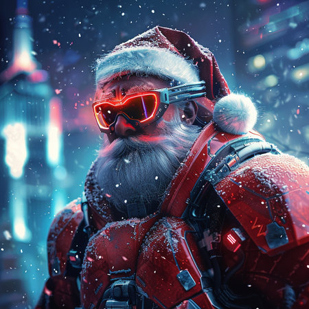 Santa Claus in a red suit with a beard on a background of night city.の素材