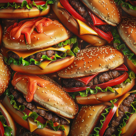 Seamless pattern of delicious hamburgers with beef, vegetables and sesame seeds.の素材