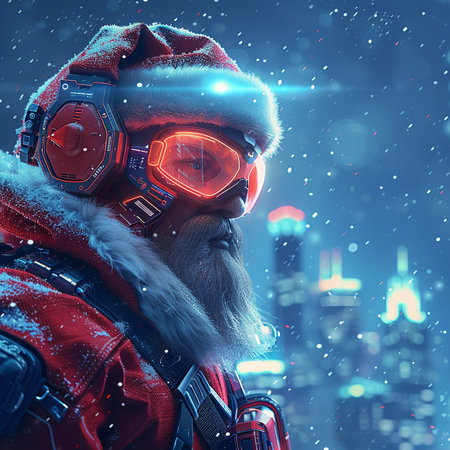 Portrait of Santa Claus in red suit and helmet against night cityの素材