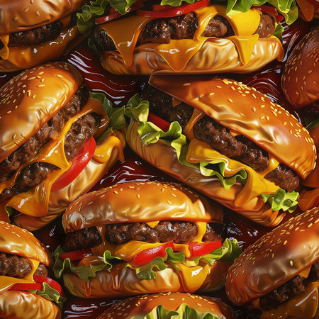 Fast food background with hamburgers and vegetables. Top view.の素材