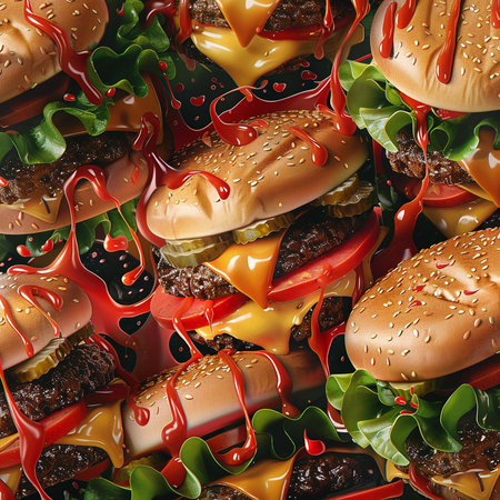 Seamless pattern with cheeseburgers and ketchup.の素材