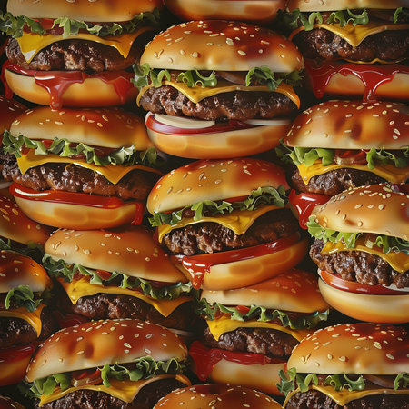 Seamless pattern with hamburgers. Top view. Toned.の素材