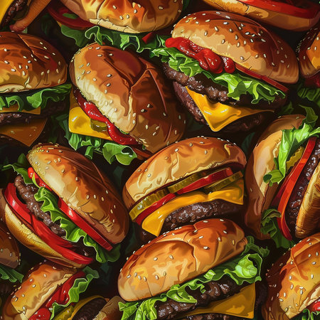Seamless pattern with hamburgers. Endless texture with fast food.の素材