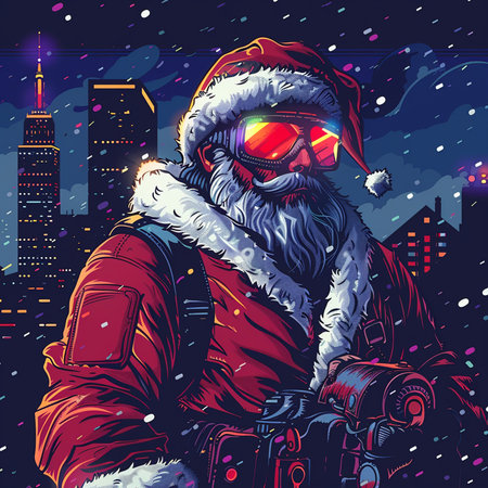 Santa Claus on the background of the night city. Vector illustration.の素材
