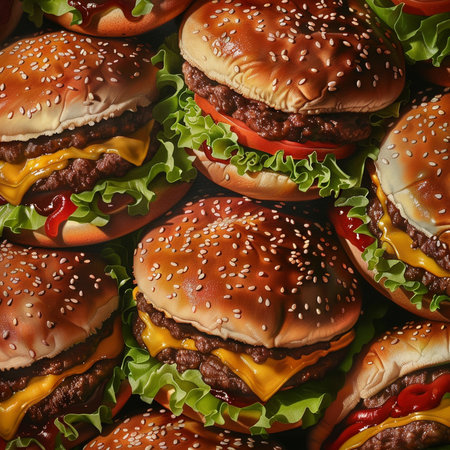 Close up of tasty hamburgers. Top view. Flat lay.の素材