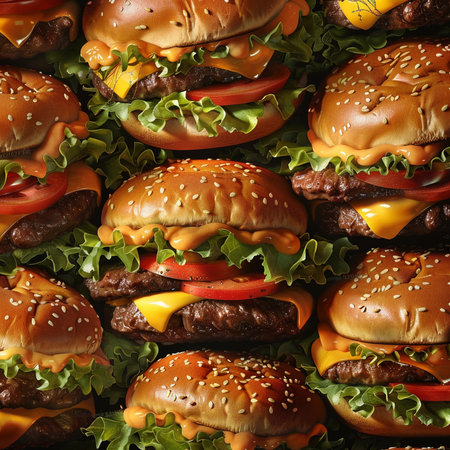 Close-up of tasty hamburgers as background, top viewの素材