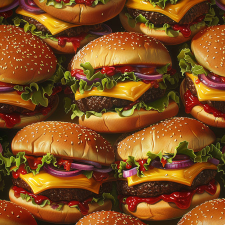 Seamless pattern with tasty hamburgers on black background.の素材