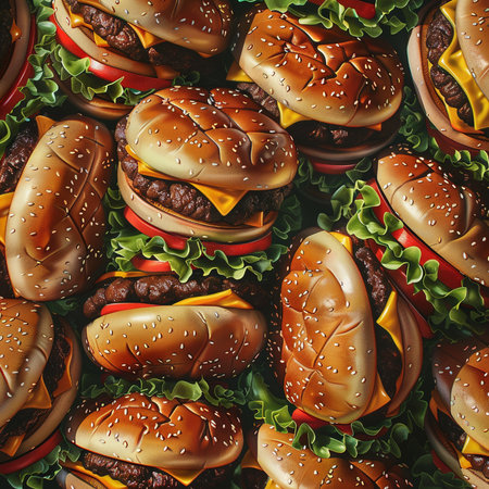 Seamless pattern of tasty hamburgers with meat and vegetablesの素材