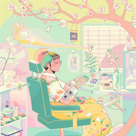 Vector illustration of a man sitting in a chair in a beauty salonの素材
