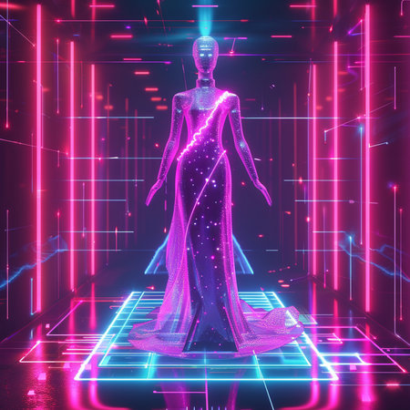 3d rendering of a female figure with neon lights in the backgroundの素材