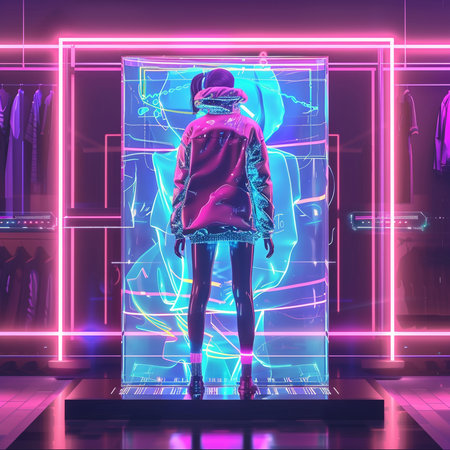 Futuristic neon girl in a hoodie standing in front of a showcase with neon lights. 3d renderingの素材