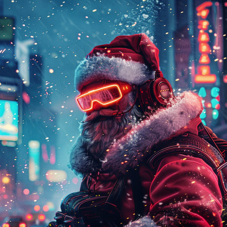 Portrait of a bearded man in a santa claus hat with headphones on a snowy city street.の素材