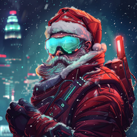 Santa Claus in a red suit and helmet with a gun in his hands.の素材